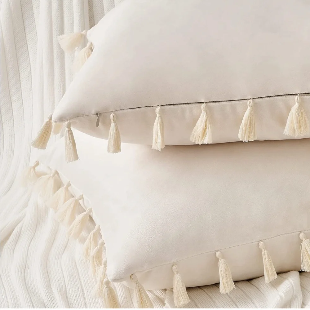 Luxury Home | Elegant Cream Luxe Soft Velvet Tassel Trim Throw Pillow Covers